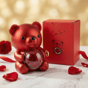 ourson décoratif « rose & bague » — globe floral & emplacement bague (mécanisme cœur)