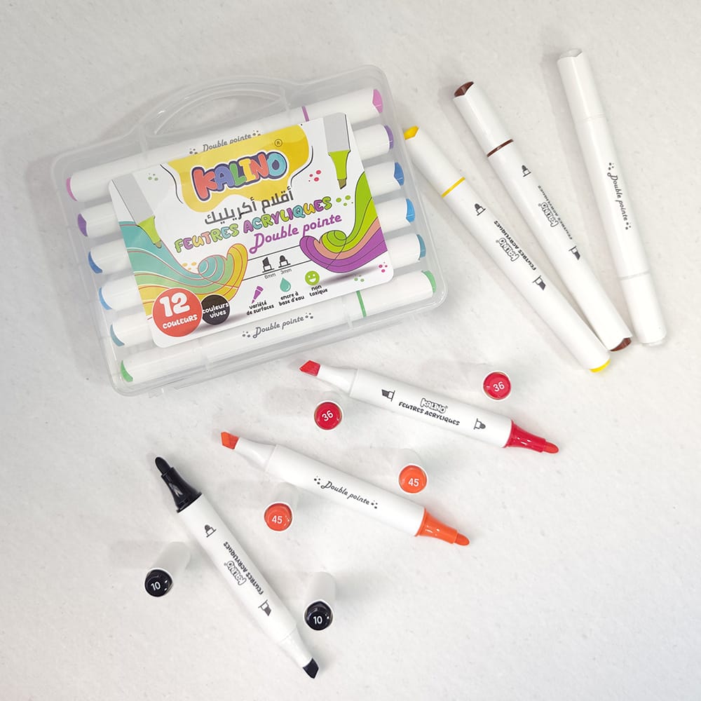 stylos feutres acryliques double pointe kalino – set 12 couleurs + boîte de rangement